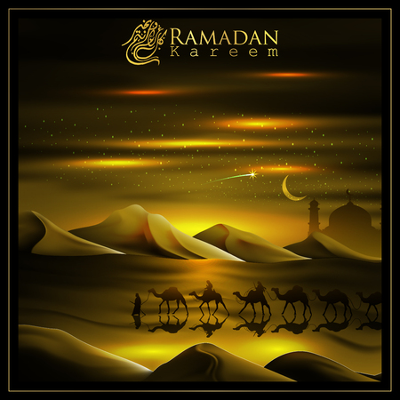 Ramadan Kareem with  beautiful Arabic calligraphy and Arabian land by riding on camels accompanied by sparkles of stars, mosque. Translation of text : May Generosity Bless you during the holy monthのイラスト素材