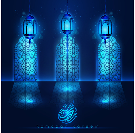 Ramadan Kareem mosque window with arabic pattern & lanterns for islamic greeting vector background. Translation of text : Ramadan Kareem - May Generosity Bless you during the holyのイラスト素材