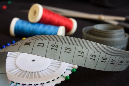 Sewing set on black clothの写真素材