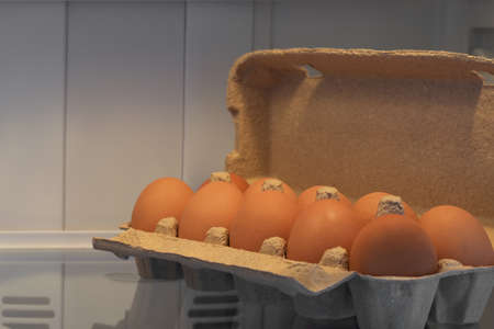 Chicken brown eggs in a cardboard container on the shelf
