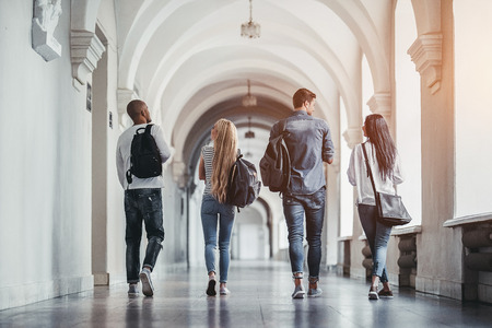 Multiracial students are walking in university hall during break and communicating.の写真素材