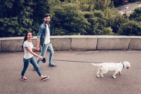 Romantic couple is on a walk in the city with their dog labrador. Beautiful young woman and handsome man are having fun outdoors with golden retriever labrador. Smiling and looking at the camera.の写真素材