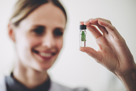 Experienced female scientist is working in laboratory. Doing investigations with leaves in flask. Making biological discovering. Genetic engineering. Biochemistry, biotechnology, cloning.の写真素材