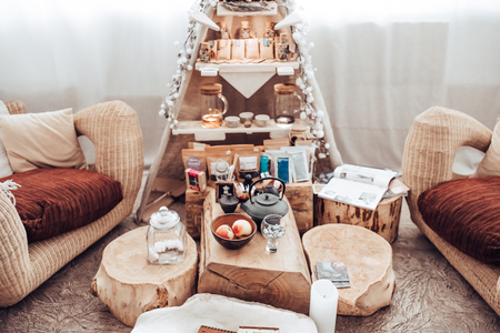 Modern light spa salon interior. Comfortable place for tea ceremony.の写真素材