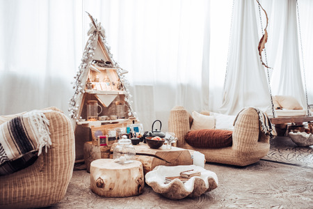 Modern light spa salon interior. Comfortable place for tea ceremony.の写真素材