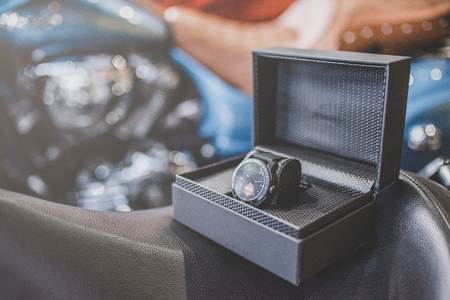 Motorcycles and accessories in modern motorcycle custom store. Biker stuff. Vintage watch.の写真素材