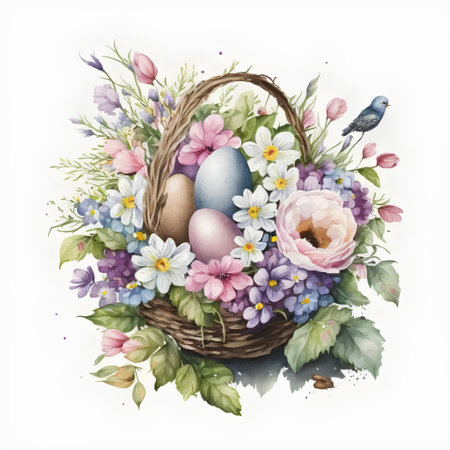 Basket with spring flowers, eggs and birds. Watercolor illustrationの素材