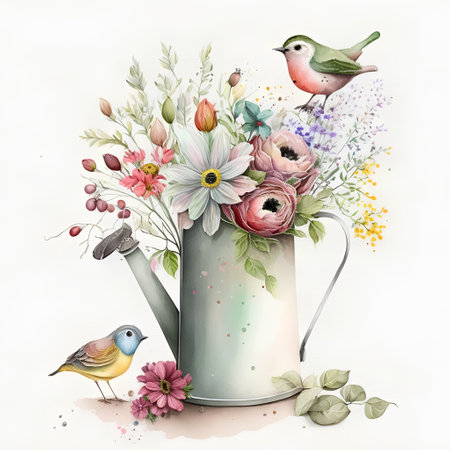 Watercolor illustration of a watering can with spring flowers and birds.の素材