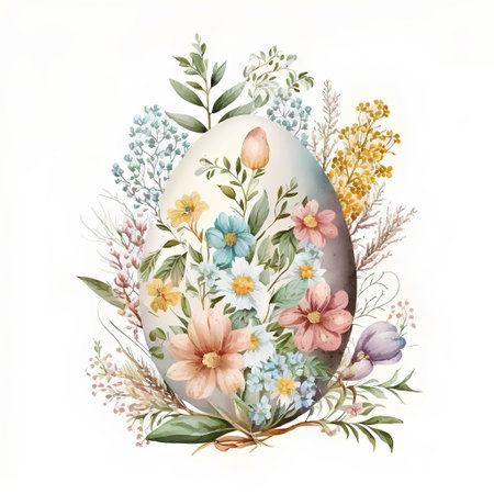 Easter egg with spring flowers and leaves. Watercolor illustration.の素材
