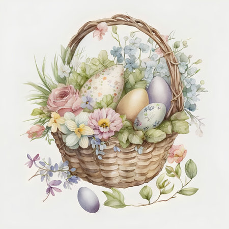 Basket with Easter eggs and spring flowers. Watercolor illustration.の素材
