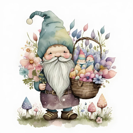 Watercolor illustration of a gnome with a basket of Easter eggsの素材