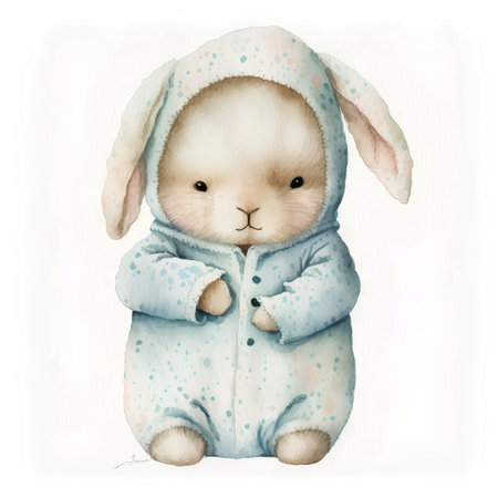 Watercolor illustration of a cute baby bunny in a blue pajamasの素材