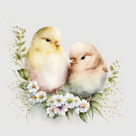 Easter greeting card with two chickens and flowers, watercolor illustrationの素材