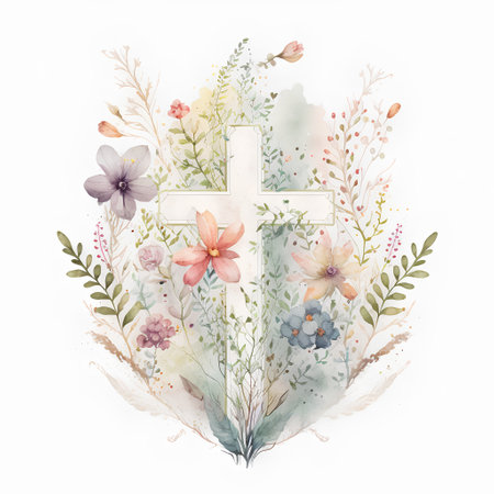 Watercolor christian cross with flowers, leaves and herbs. Illustrationの素材
