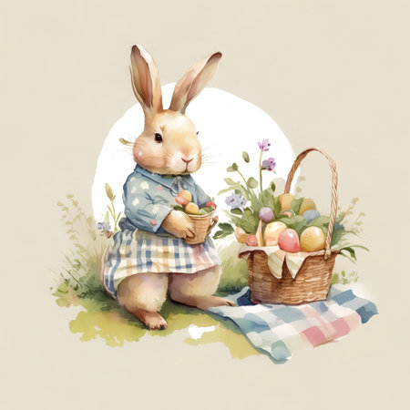 Easter bunny with basket of eggs and basket of flowers. Watercolor illustration.の素材