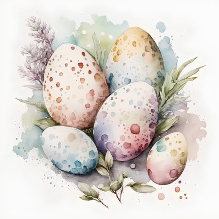 Easter eggs with watercolor splashes. Watercolor illustration.の素材