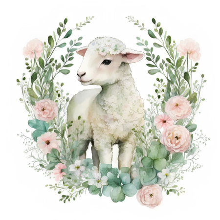 Watercolor illustration of a cute lamb with flowers and green leaves.の素材