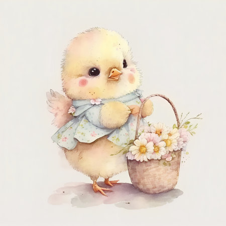 Cute little chick with a basket of flowers. Watercolor illustrationの素材