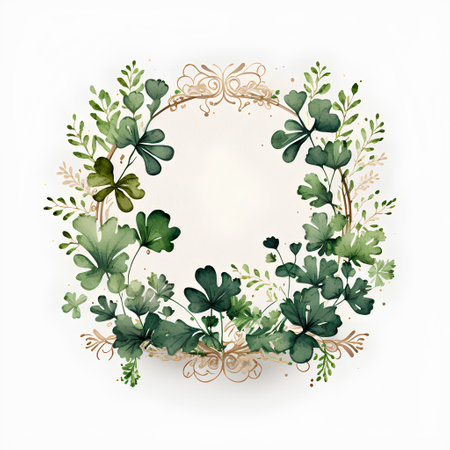 Watercolor floral wreath with clover leaves isolated on white background.の素材