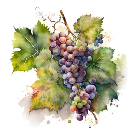 Bunch of grapes. Watercolor hand drawn illustration isolated on white backgroundの素材
