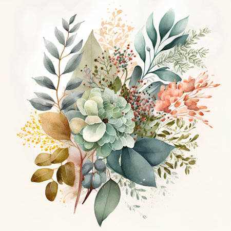 Beautiful vector watercolor floral composition with succulents and eucalyptusの素材