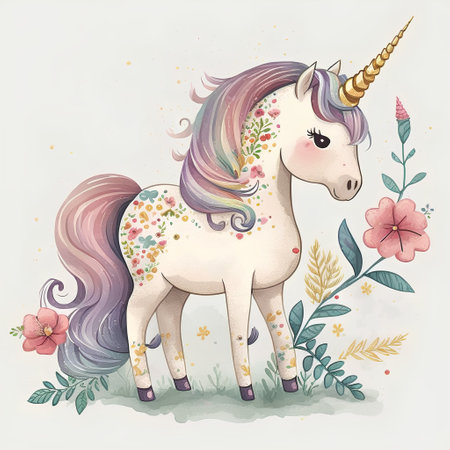 Unicorn with flowers. Hand drawn vector illustration for your design.の素材