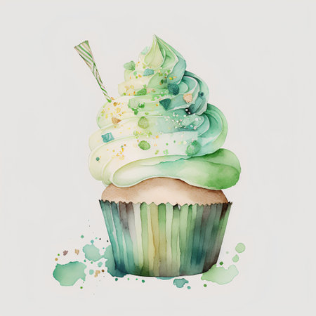 Watercolor hand drawn cupcake with green icing. Vector illustration.の素材