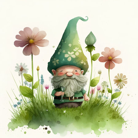 Garden gnome in the grass with flowers. Watercolor illustrationの素材