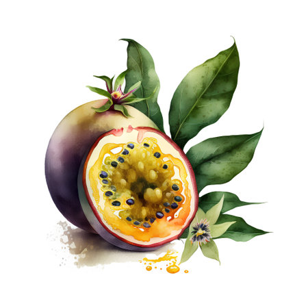 Passion fruit watercolor illustration. Hand drawn passion fruit isolated on white backgroundの素材