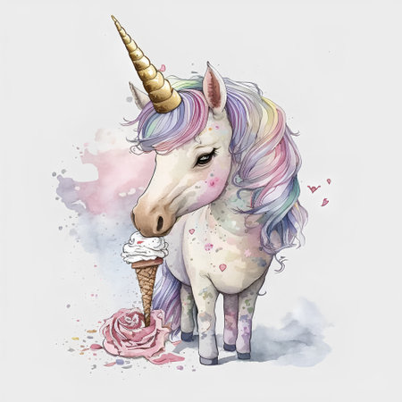 Cute unicorn with ice cream. Watercolor hand drawn illustration.の素材