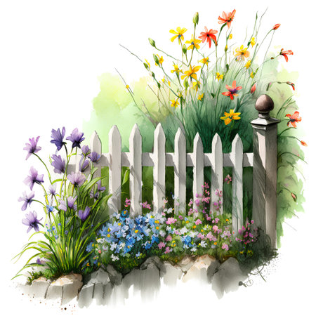 Fence with flowers and grass. Watercolor illustration on white backgroundの素材