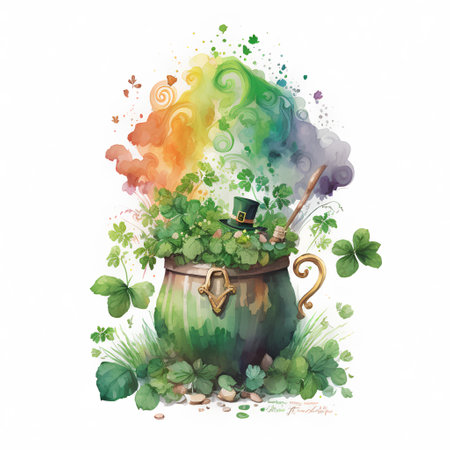 Watercolor St. Patrick's Day illustration. Leprechaun hat, pot of gold coins, horseshoe, clover leaves and shamrock.の素材