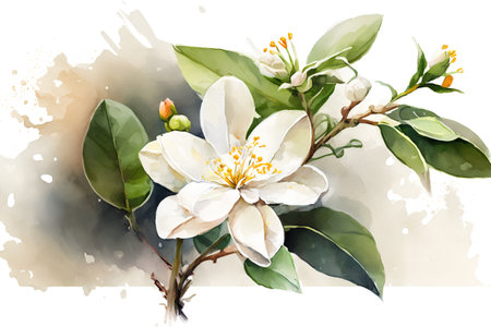 Watercolor branch of white jasmine. Hand drawn illustration.の素材