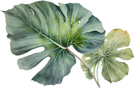 Watercolor monstera leaves isolated on white background. Hand drawn illustration.の素材
