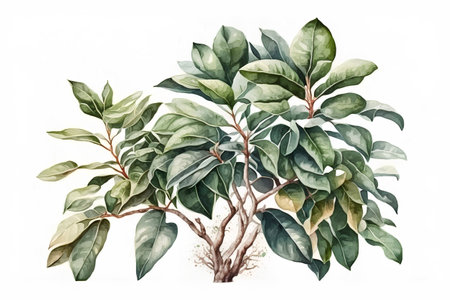 Watercolor drawing of a ficus tree isolated on white background.の素材