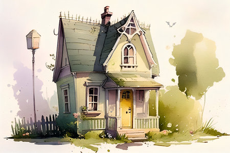 Watercolor illustration of an old house in the village. Hand-drawn illustration.の素材