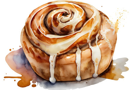 Cinnamon roll. Watercolor hand drawn illustration on a white backgroundの素材