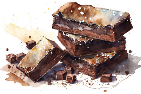 Watercolor hand drawn illustration of chocolate waffles with chocolate glaze.の素材