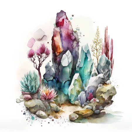 Watercolor mountain landscape with cactus and succulent. Hand drawn illustrationの素材
