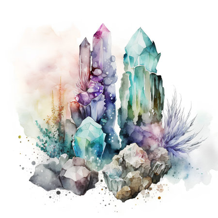 Watercolor illustration of crystals and succulents on a white backgroundの素材
