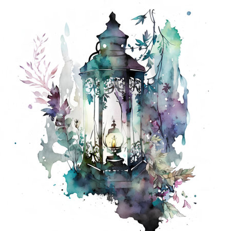Watercolor illustration of a lantern with a floral ornament on a white backgroundの素材