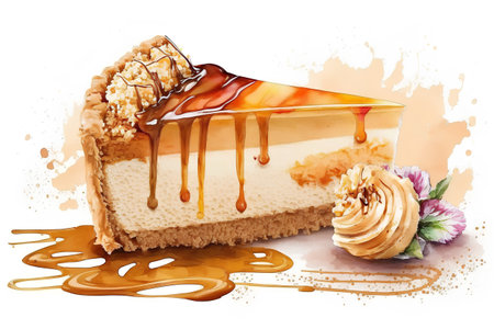 Illustration of a slice of cake with caramel on a white backgroundの素材