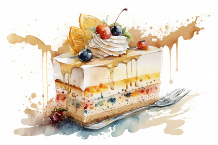 Watercolor illustration of a piece of cake with cream and berries.の素材