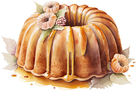 Pumpkin bundt cake. Watercolor hand drawn illustration on white backgroundの素材