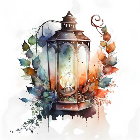 Watercolor illustration of an old lantern with autumn leaves on a white backgroundの素材