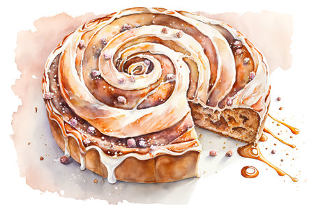 Watercolor hand drawn illustration of cinnamon roll with cream and raisinsの素材