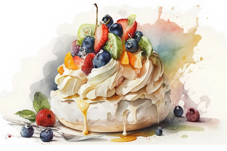 Pavlova cake with whipped cream and fruits. Watercolor paintingの素材