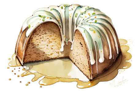 Watercolor illustration of a piece of cake with glaze on a white backgroundの素材