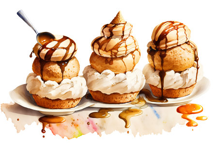 Cupcakes with ice cream and caramel sauce. Watercolor illustrationの素材