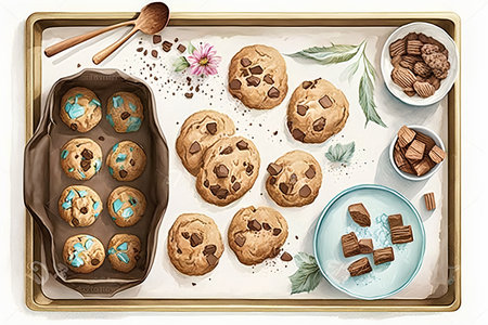 Chocolate chip cookies in a baking tray. Vintage style. Vector illustration.の素材